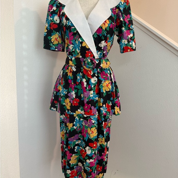 Dresses & Skirts - Vintage 80s 90s Floral Peplum Collared Dress Cotton 10 Medium Large Cottagecore